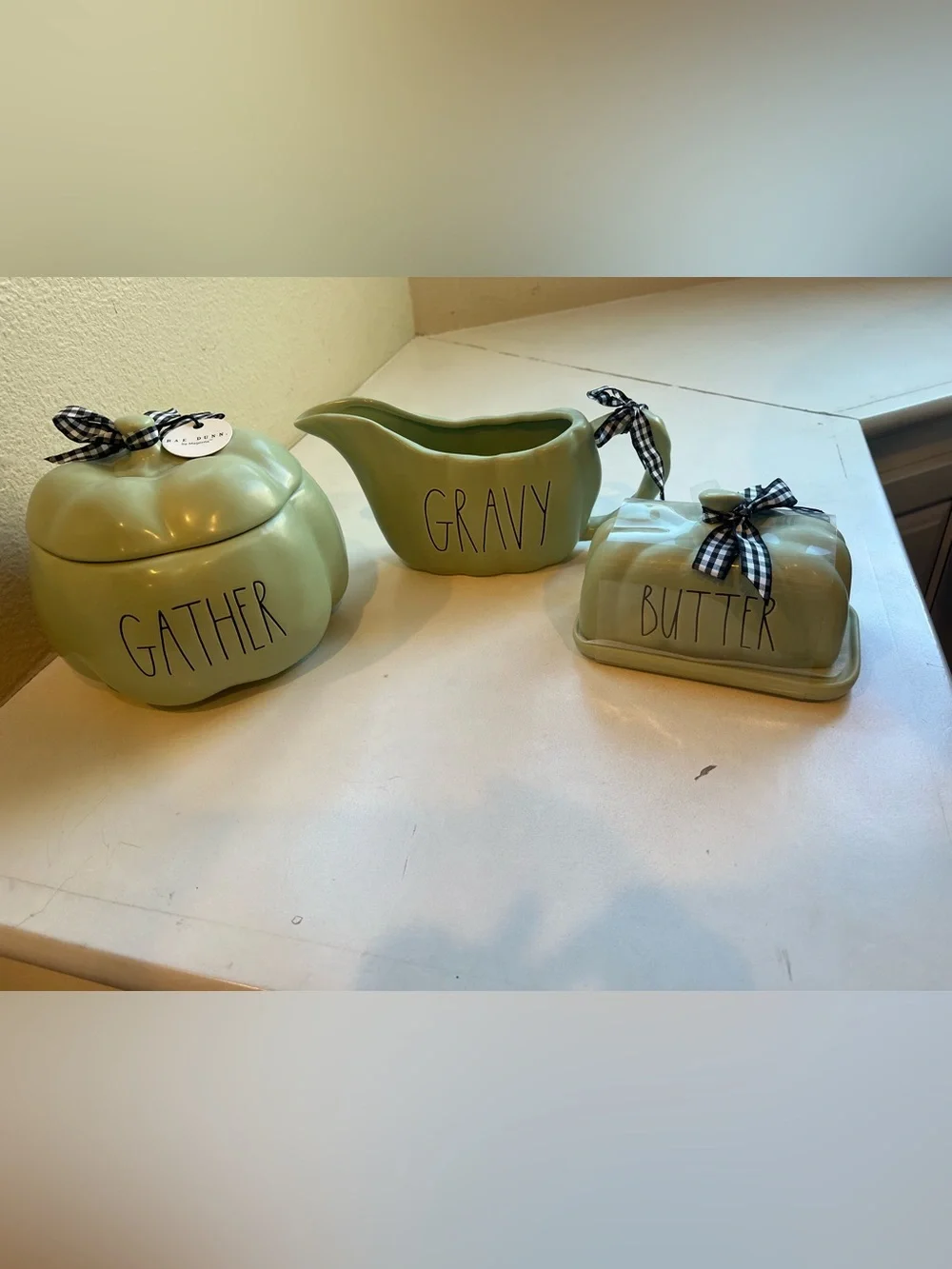 Rae Dunn Sage Green Ceramic Gather Pumpkin, Gravy Boat, Butter Dish Thanksgiving